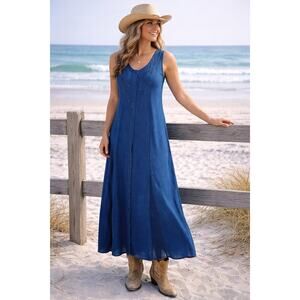 North Style Indigo Blue Denim Maxi Dress Embroidered Button-Front Size Medium